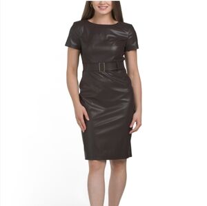 Calvin Klein Faux Leather Belted Mini Shift Dress In Brown NWT